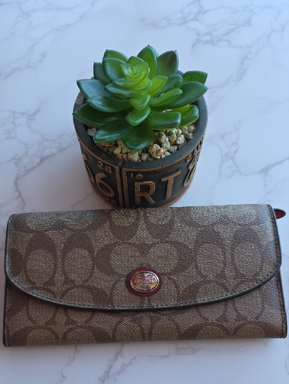 Coach Signature Jacquard Continental Wallet in Brown and Red